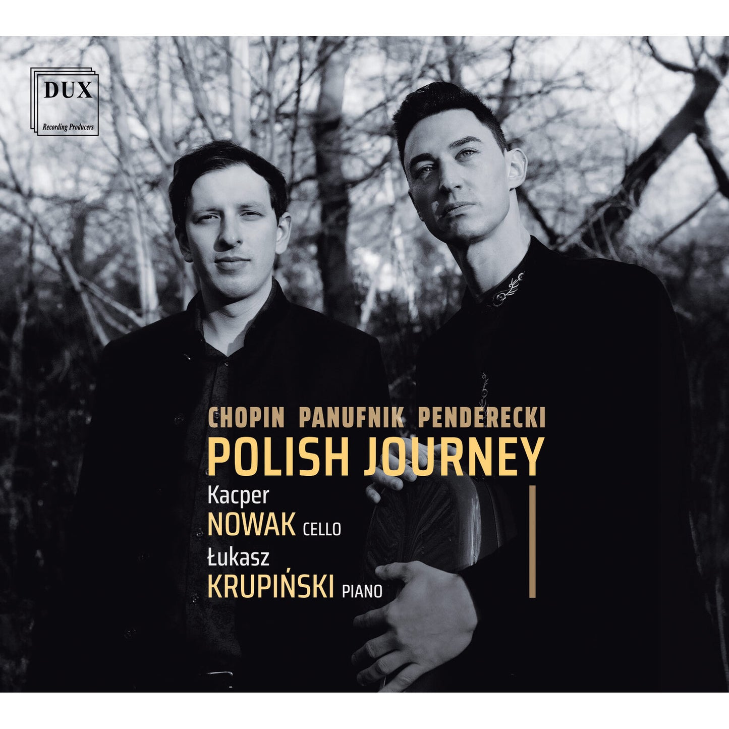 CD cover: two musicians, Kacper Nowak and Łukasz Krupinski, with tree branches.