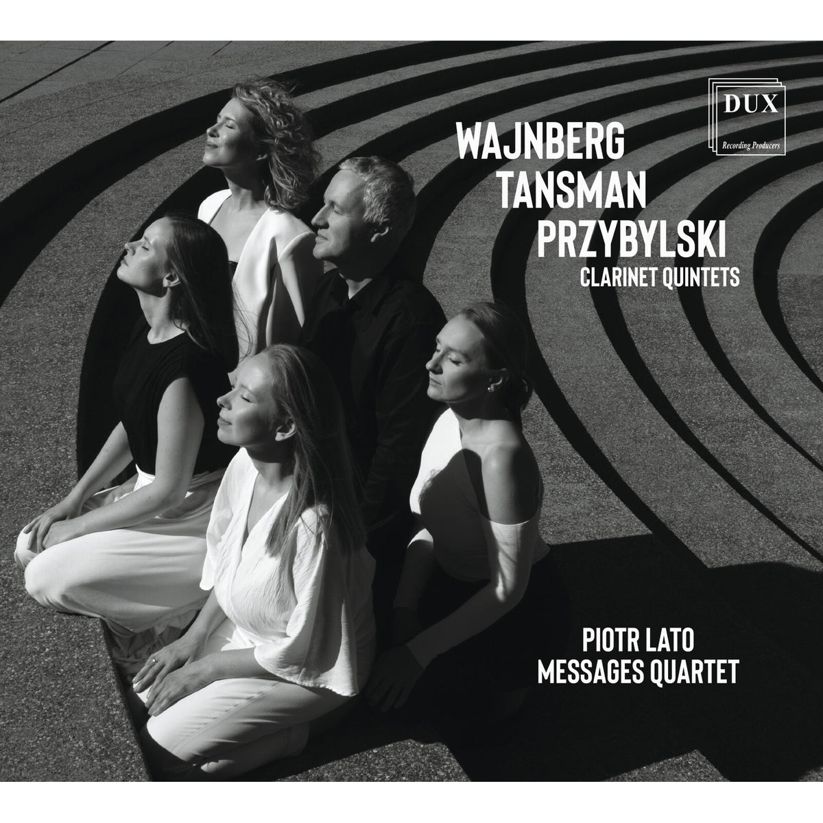 Black and white CD cover featuring four musicians and composer names.