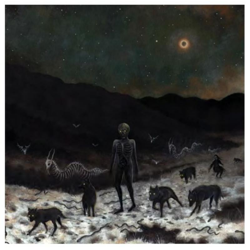 Dark painting of skeletal figure with wolves under a starry sky.