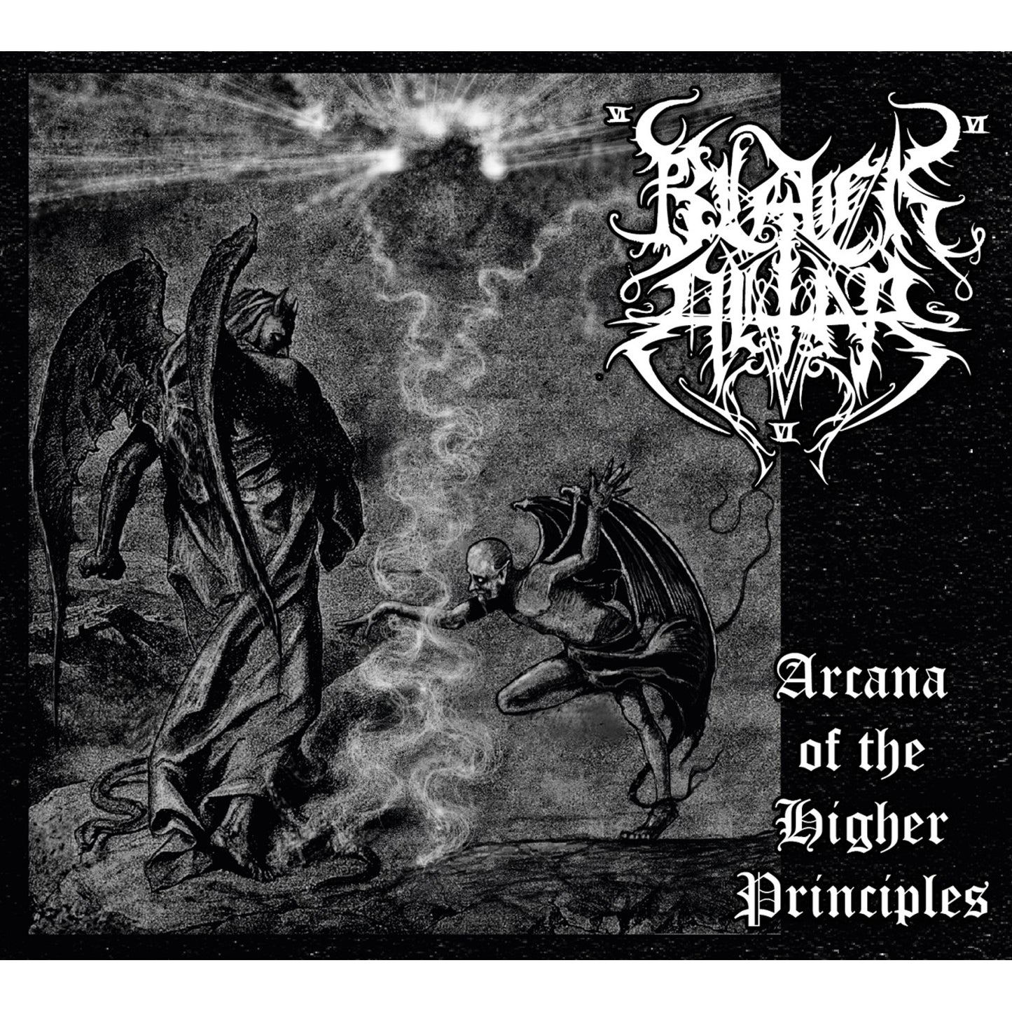 Black and white CD cover with gothic lettering and dark, symbolic imagery.