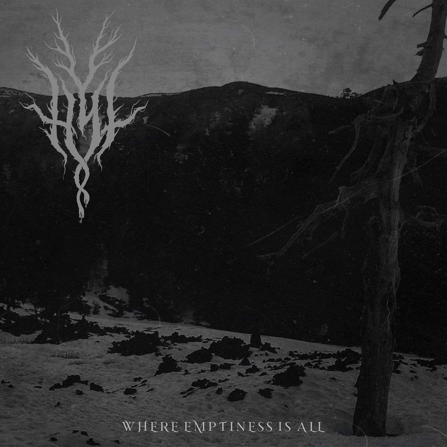 Dark, atmospheric album cover with white, skeletal tree and rocky landscape.