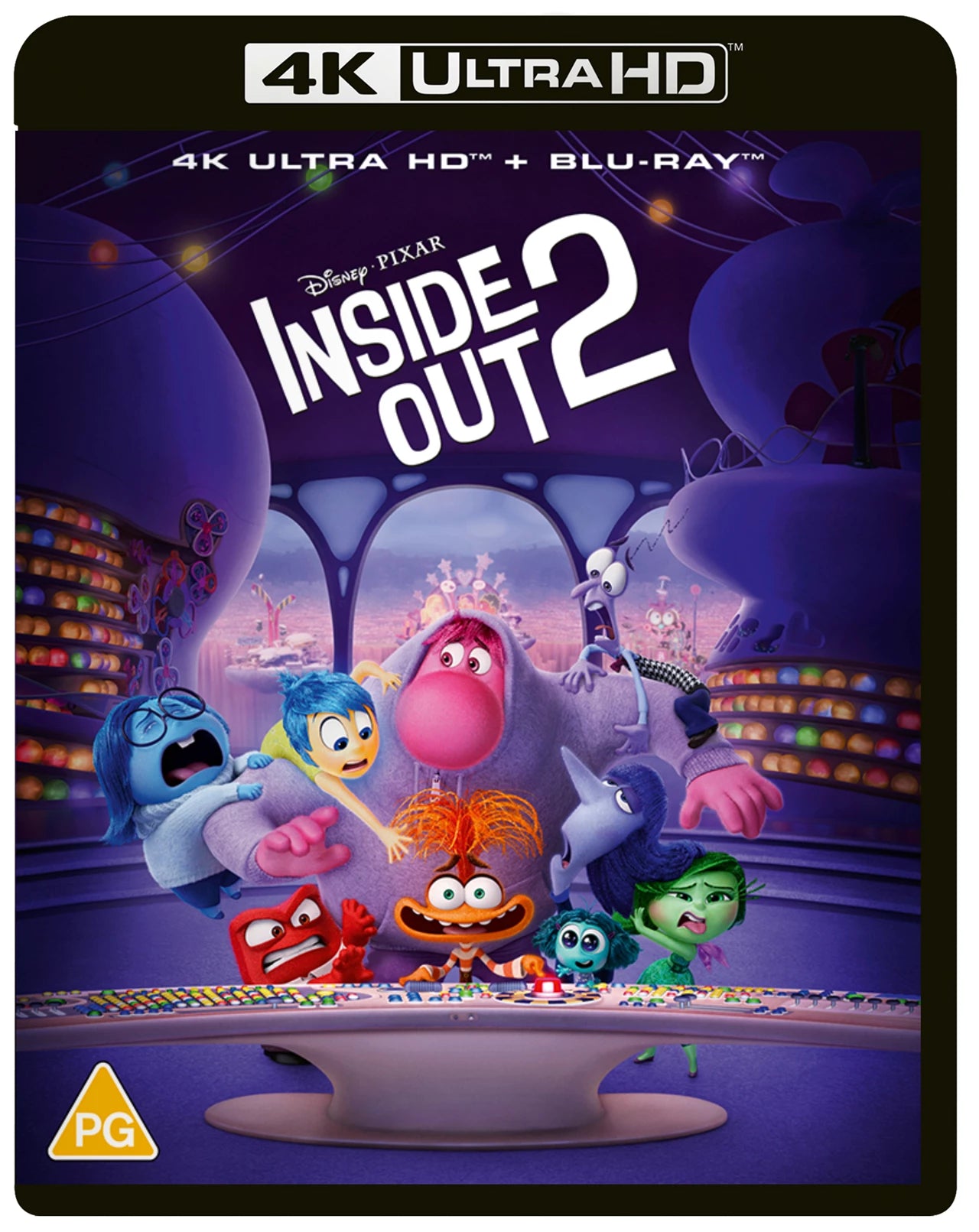 Inside Out 2 Blu-ray cover with colorful emotional characters and a purple background.