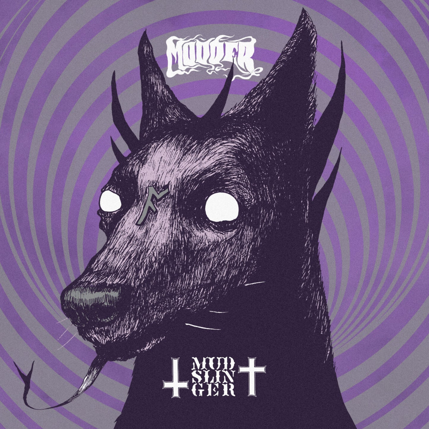 A black, horned dog with white eyes against a purple and grey spiral background.