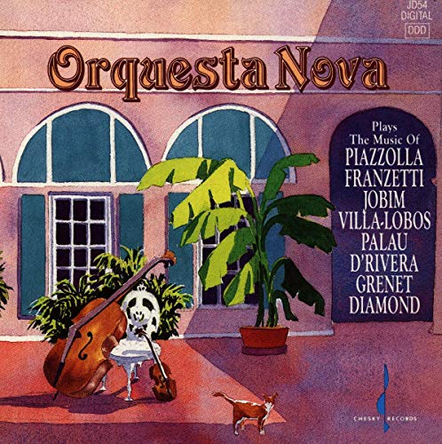 Watercolor illustration of a double bass, violin, and cat outside a building.
