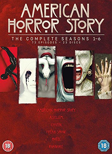 DVD cover for American Horror Story seasons 1-6 featuring surreal, dark, and macabre imagery.