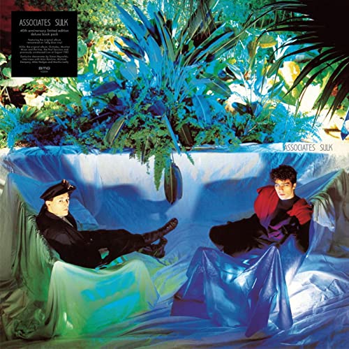 Album cover for Associates’ “Sulk” featuring two figures in a blue, plant-filled setting.