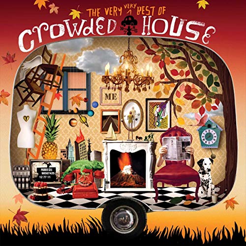 Surreal collage art inside a caravan trailer for the Crowded House greatest hits album cover.
