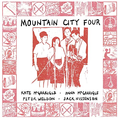Red illustration of four musicians with microphones, album cover for Mountain City Four.