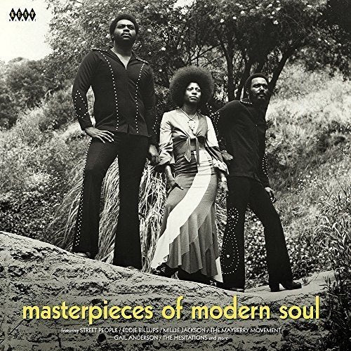 Black and white album cover featuring three people in 1970s clothing.