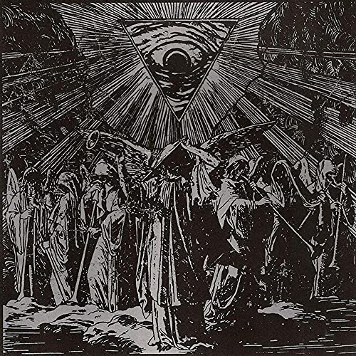 Black and white album cover with figures and a central triangular eye.