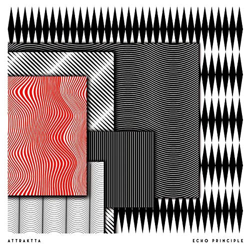 Abstract album cover with overlapping geometric patterns in red, black, and white.