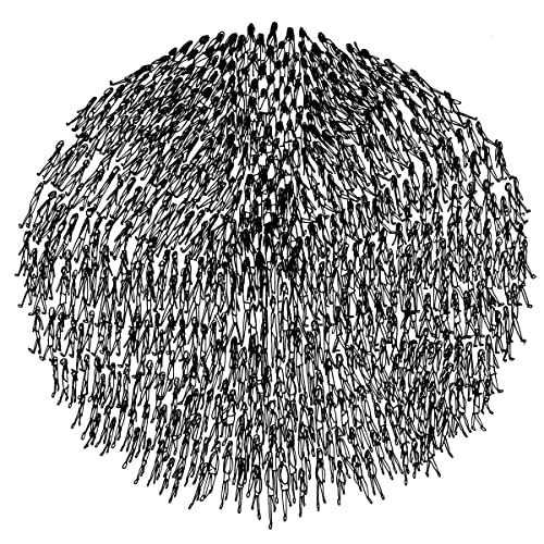 Black and white drawing of a densely packed crowd of figures.