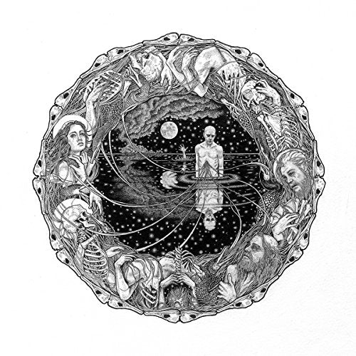 Intricate black and white circular illustration with figures and a moonlit landscape.
