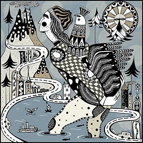 Stylized illustration of a person carrying a bird against a surreal mountain and cityscape.