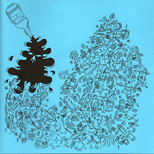 Blue album cover with black ink drawing of a bottle pouring into chaos.