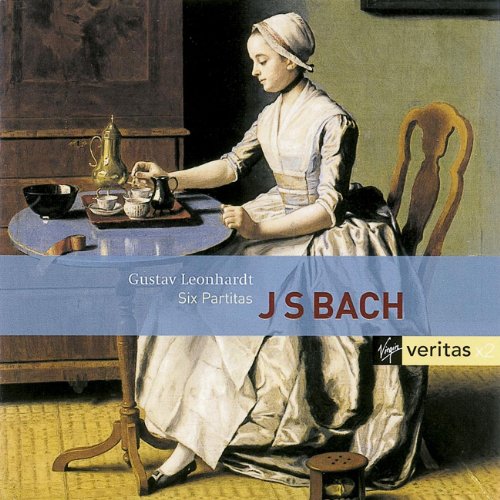CD cover featuring a painting of a woman preparing tea, text “J.S. Bach”.