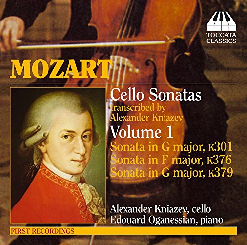CD cover for Mozart cello sonatas, featuring a portrait and cello.