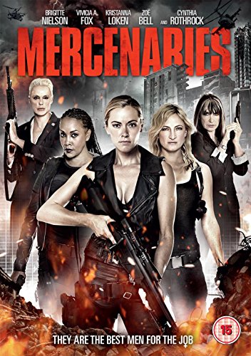 Mercenaries" DVD cover featuring five women holding weapons, with fiery background.