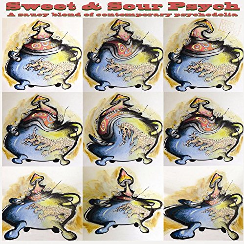 CD cover with repeating illustrated teapots and psychedelic swirls.