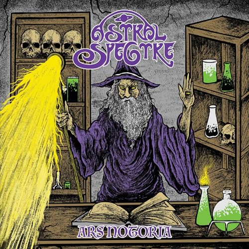 Wizard with staff and open book, surrounded by skulls and potions.