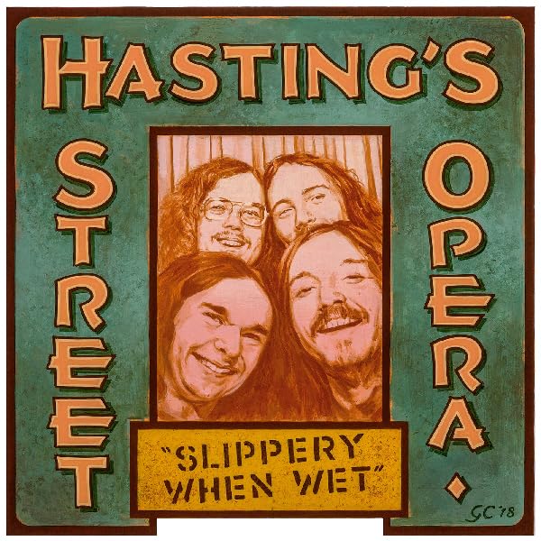 Vinyl album cover for “Slippery When Wet” featuring four men’s portraits.
