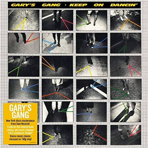 Vinyl record cover: grid of black and white dancing legs with colored lines.