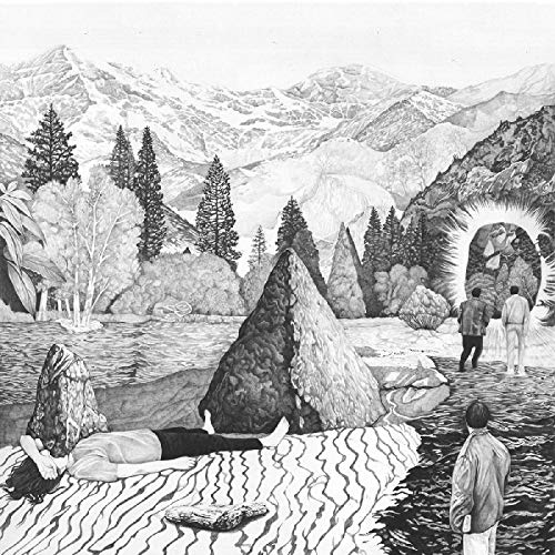 Black and white illustration of mountains, trees, and figures near a cave.