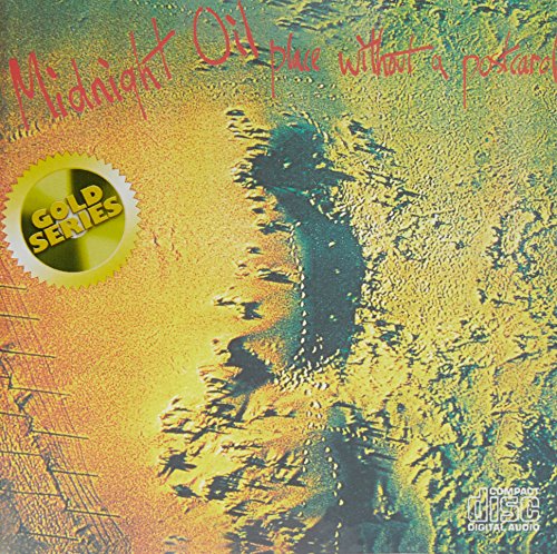 Midnight Oil album cover, abstract landscape with text and gold seal.