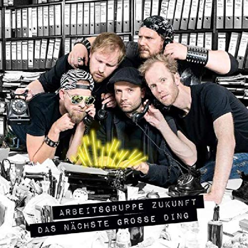 Four men with vintage communication equipment, album cover for "Arbeitsgruppe Zukunft".