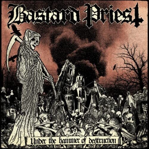 Album cover: Grim reaper with scythe before a burning building.