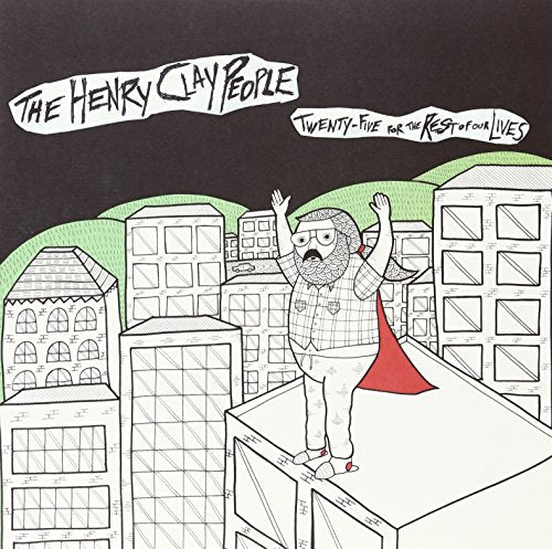 Hand-drawn album cover with a superhero figure atop a cityscape.