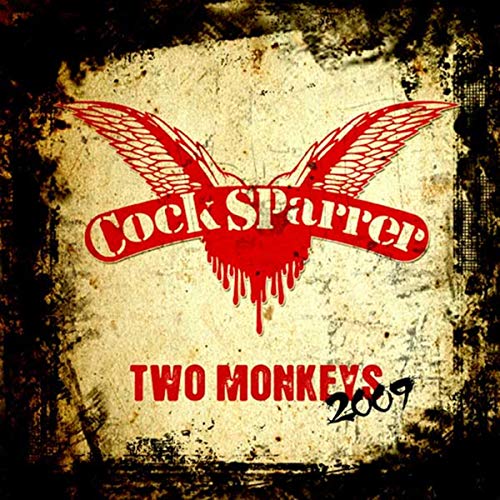 CD cover for Cock Sparrer’s “Two Monkeys” with red wings and dripping text.