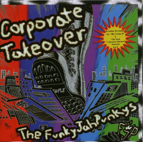 CD cover: a boot stomping on a city, colorful, punk aesthetic.