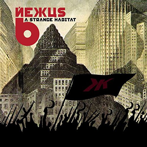 CD cover: Cityscape with raised arms and a black flag with a logo.