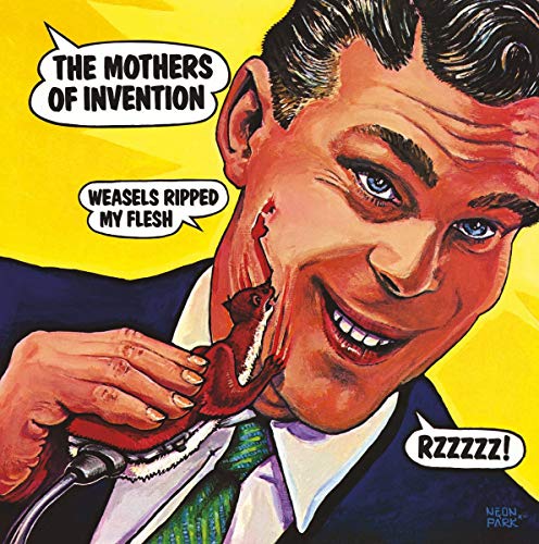 Album cover: man with weasel biting his hand, comic book style.