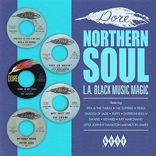 Vinyl record cover for “Doré Northern Soul: L.A. Black Music Magic” featuring 45s.