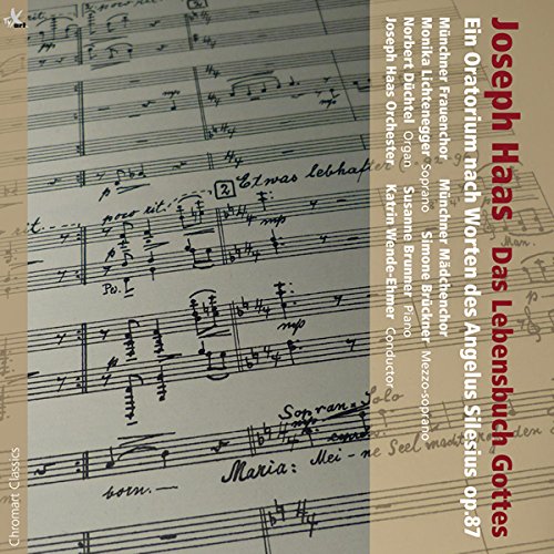 Sheet music background with red text: "Joseph Haas: God's Book of Life.