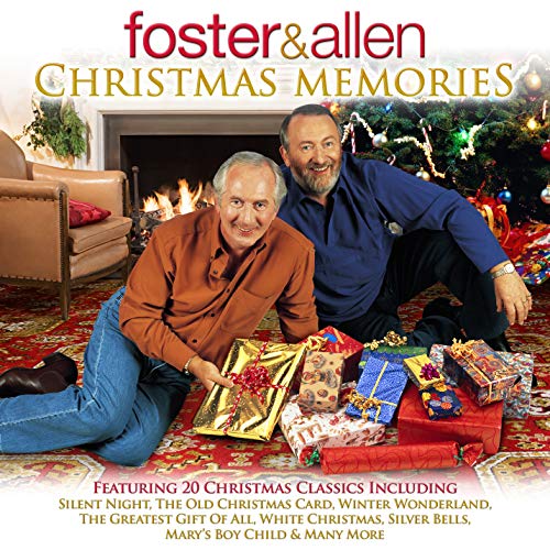 CD cover for Foster And Allen’s “Christmas Memories” featuring two men and gifts.