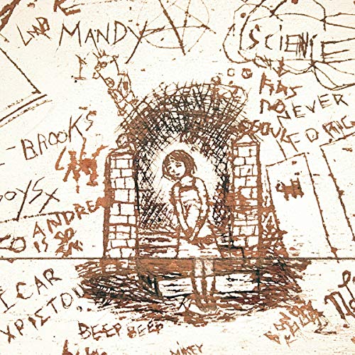 Sepia-toned sketch of a person within a brick archway, covered in writing.