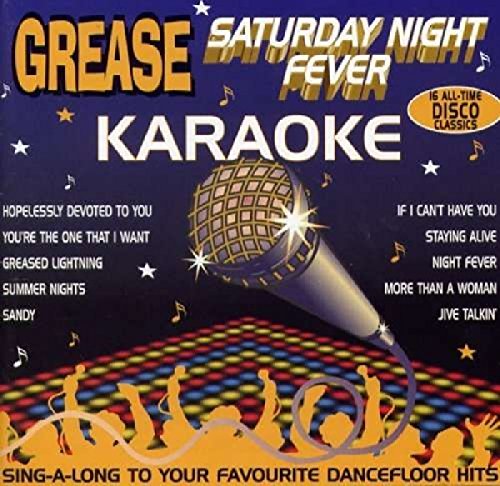 CD cover for “Grease & Saturday Night Fever Karaoke” with a microphone.