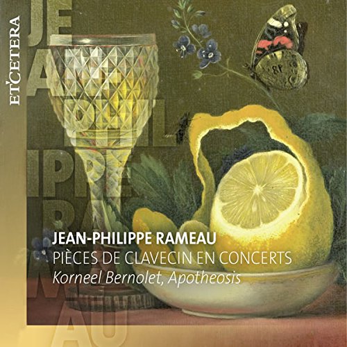 Still life painting of glassware, fruit, and insects on a CD cover.