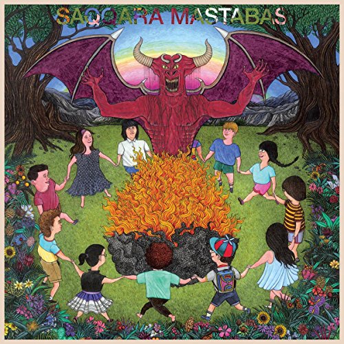 CD cover: devil with outstretched wings over children around a bonfire.