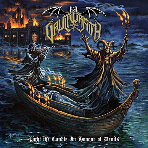 Dark fantasy album cover with a boat, demons, and a burning castle.