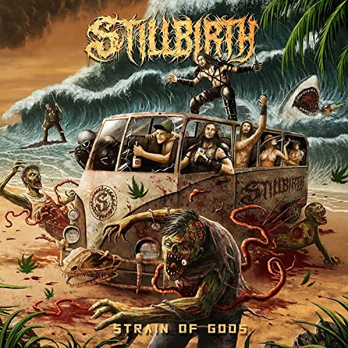 CD cover for Stillbirth’s “Strain of the Gods” depicts a chaotic, illustrated scene.