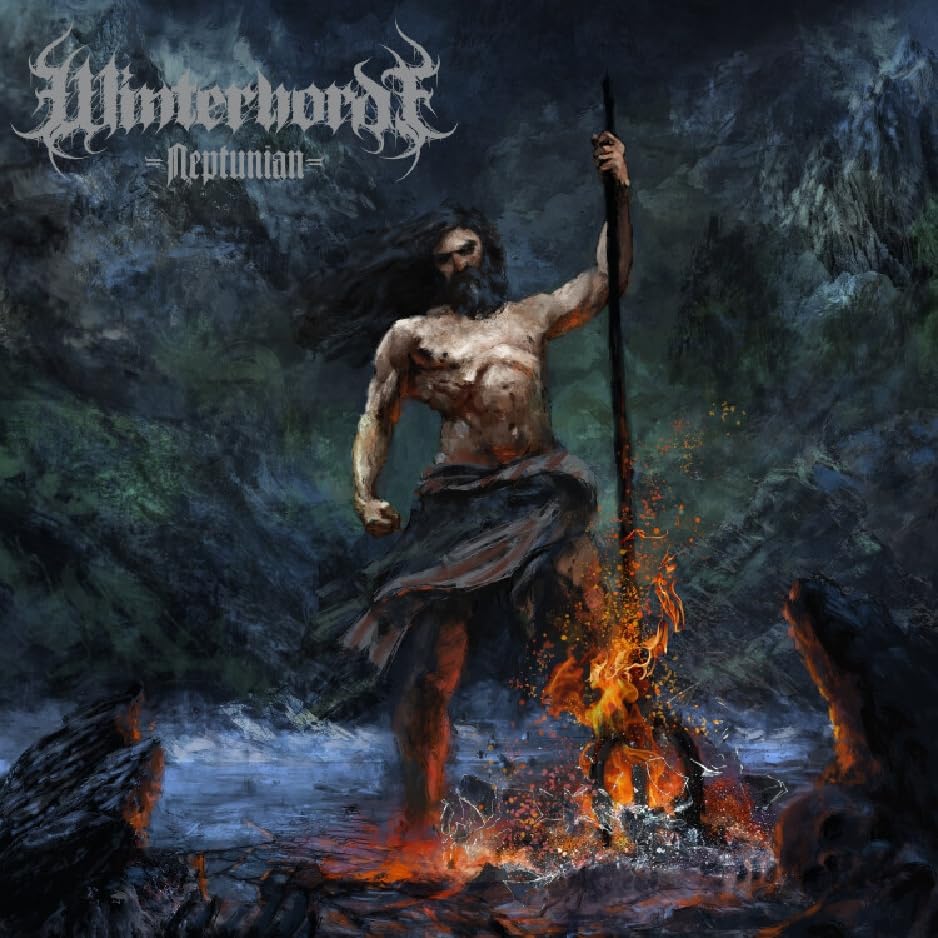 Painted album cover featuring a muscular man standing in stormy water.