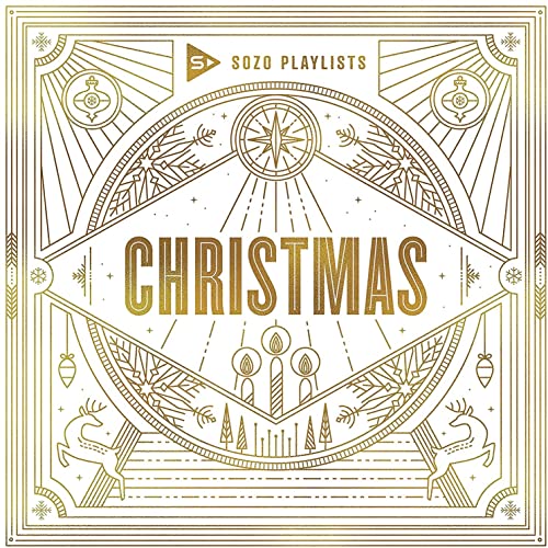 Gold line art CD cover for "SOZO PLAYLISTS CHRISTMAS" with reindeer.