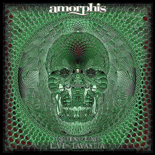 Amorphis album cover: green and black ornate skull with floral patterns.