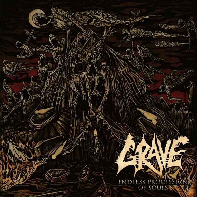 Dark album cover with skeletal figures and a full moon, titled "Grave.