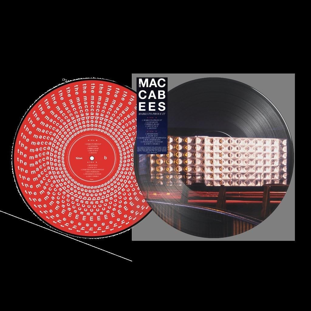 Vinyl record with a red label featuring repeating text and a tracklist sticker.