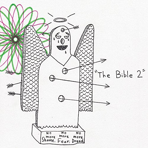 Hand-drawn album cover for "The Bible 2" with a figure and floral design.